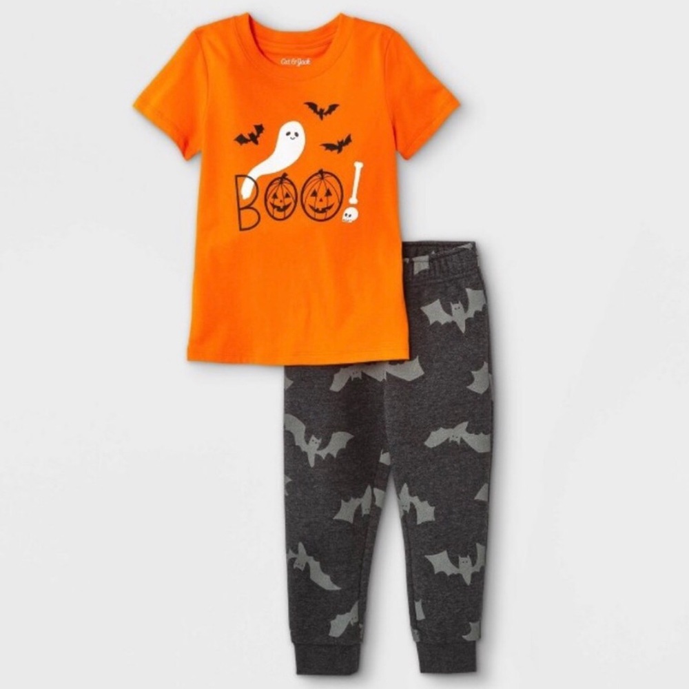 Cat & Jack Shirt Pants Boys Fleece Jogger Outfit Orange Black Bats NEW